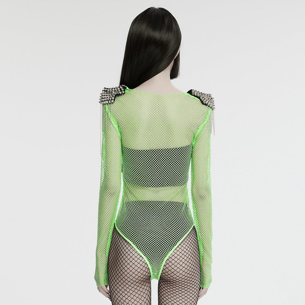 Body da donna in rete con nappe borchiate punk verde - immagine 4