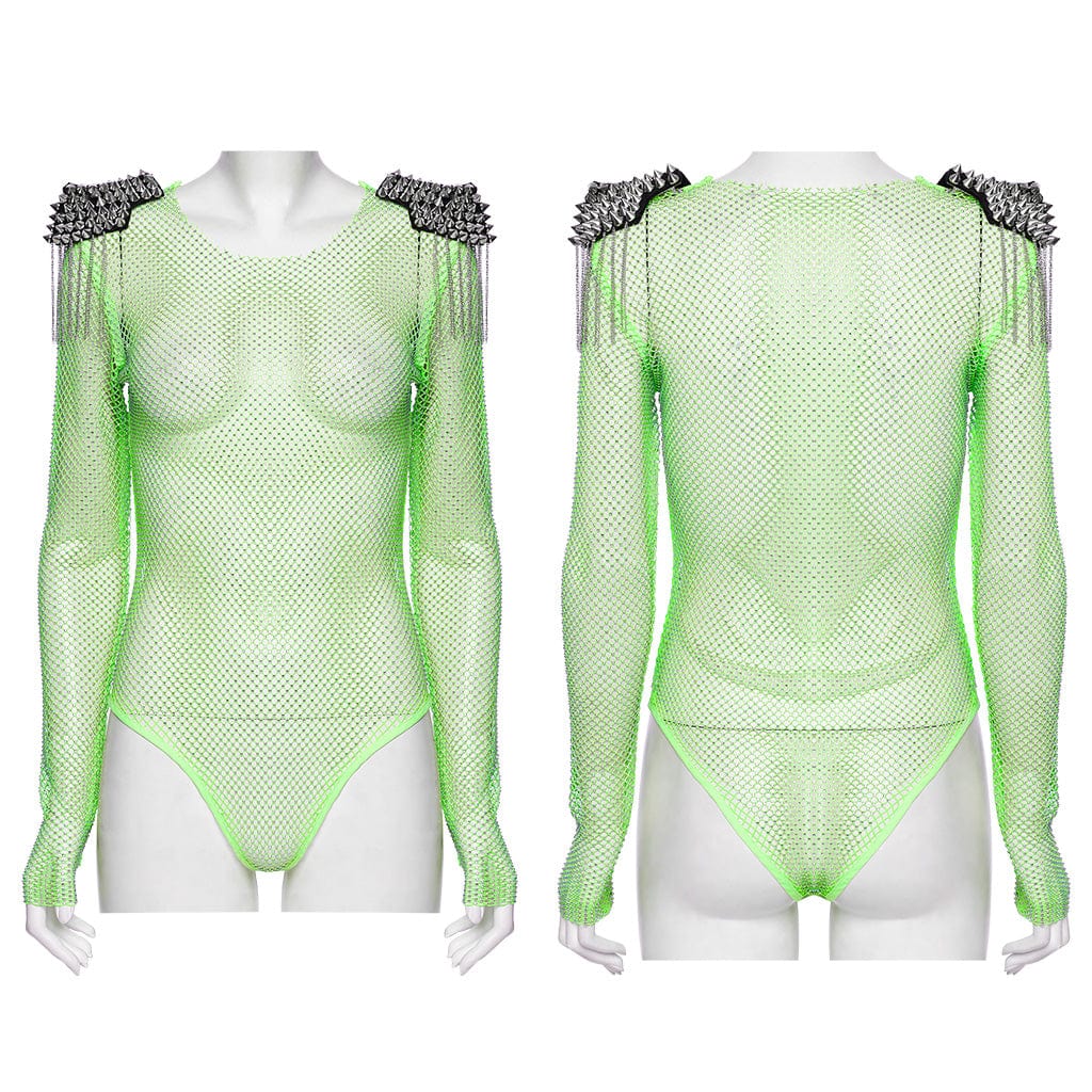 Body da donna in rete con nappe borchiate punk verde - immagine 6