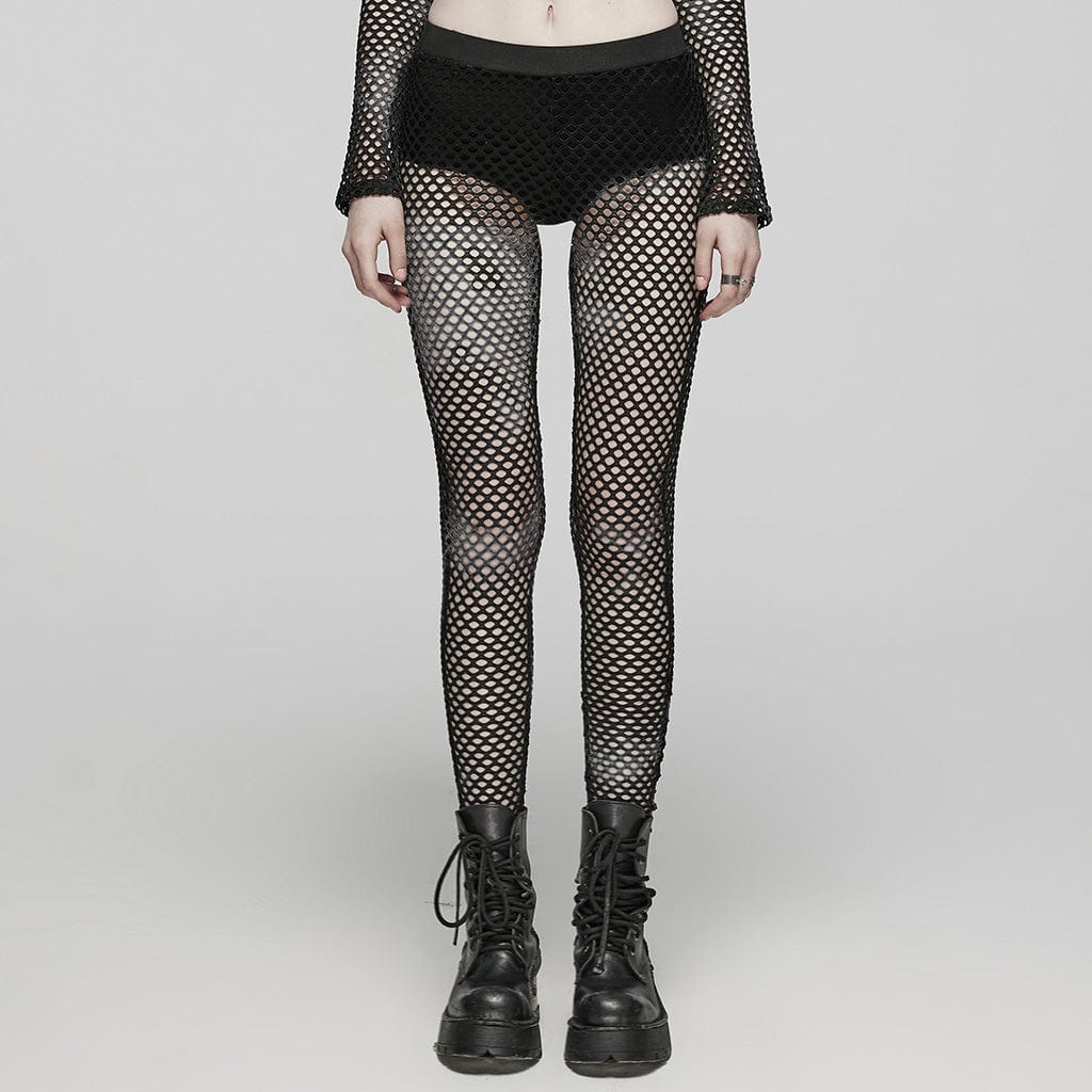 Leggings in rete tinta in massa punk da donna neri - immagine 2