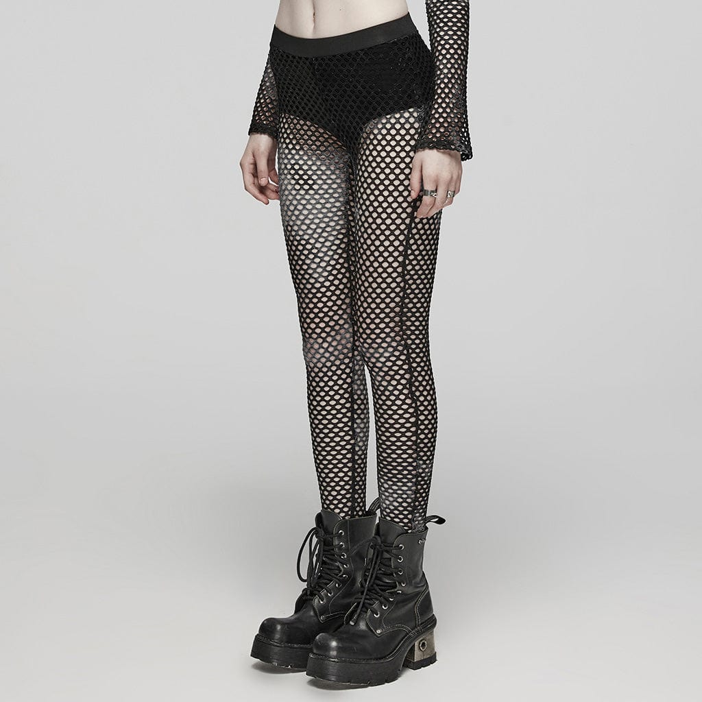 Leggings in rete tinta in massa punk da donna neri - immagine 3