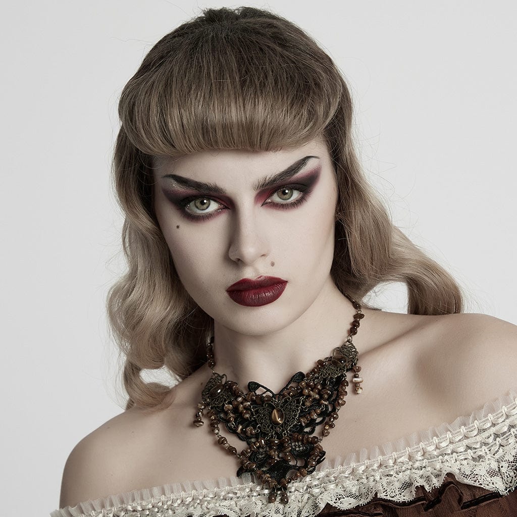 Collana da donna in stile steampunk con perline irregolari a forma di farfalla, ambra - immagine 2