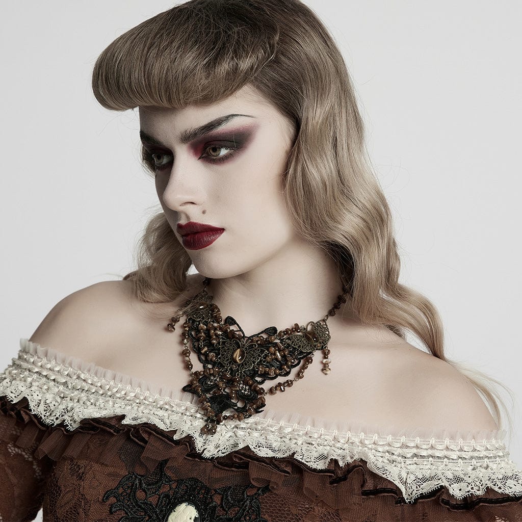 Collana da donna in stile steampunk con perline irregolari a forma di farfalla, ambra - immagine 4