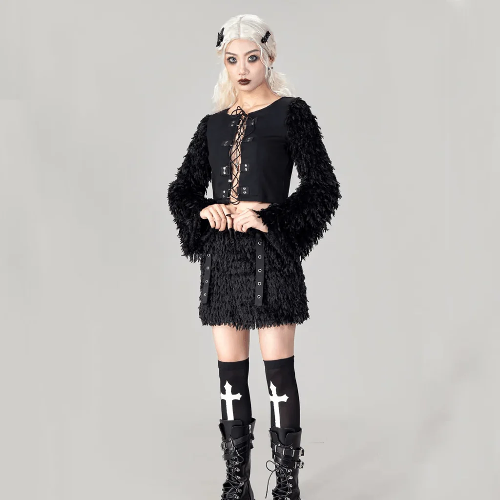 Top corto con lacci con giuntura in pelliccia sintetica gotica da donna - immagine 5